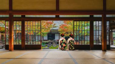 Japon geyşa bir Japon bahçe renkli sonbaharda Kyoto Kenninji Tapınağı'nda bak