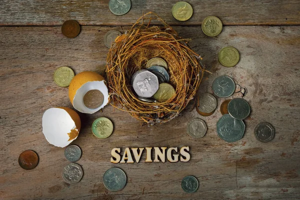 Scattered Coins with Wood Alphabets and Eggshel for Banking and — Stock Photo, Image