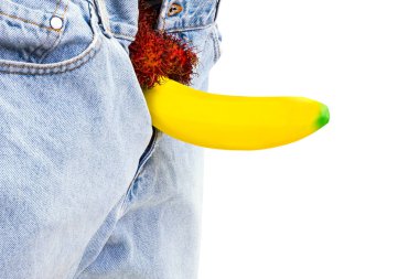 Büyük bir muz dışarı mavi Jean Demonstraiting bir Penis sopa.