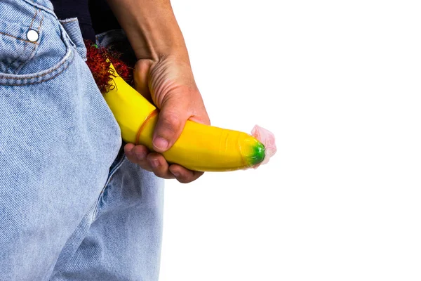 Big Banana wystaje z Blue Jean Demonstraiting wi penisa — Zdjęcie stockowe