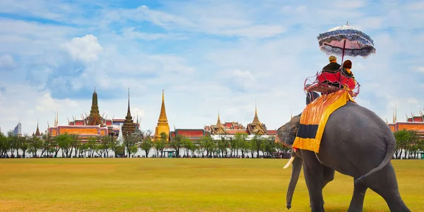 Un elefante con turistas en Wat Phra Kaew el templo de buda esmeralda en el Gran Palacio de Tailandia en Bangkok —  Fotos de Stock