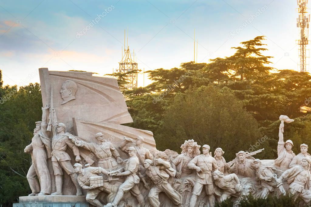 Monument's of people at Memorial Hall of Chairman Mao, the final resting place of Mao Zedong, Chairman of the Communist Party of China who passed away in 1976