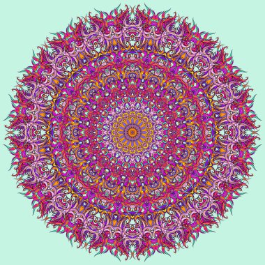 Şal ya da halı için soyut radyal dekorasyon. Klasik dairesel desen, mor ve kırmızı renklerde süslü çiçek mandala. Meditasyon dersleri için tapılası.