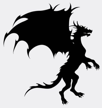 Ejderha kalkışa hazırlanıyor. Kanatlı bir yılanın silueti, peri masallarının mitolojik karakteri. Fantastik yaratık hırlıyor.