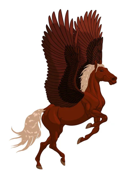 Chestnut Pegasus Reared Flaps Its Wings Preraring Flight Prancing Stallion — Stock Vector