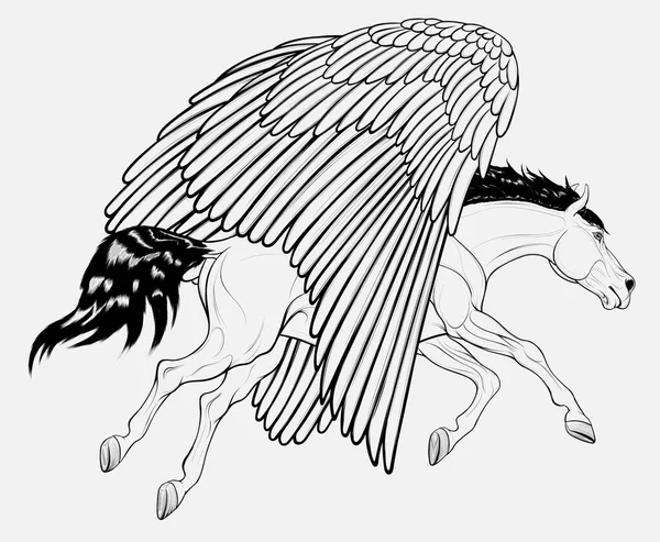 Πήγασος Πετάει Κατεβασμένα Φτερά Μυθολογικό Άλογο Τρέχει Στον Ουρανό Γραμμικό — Διανυσματικό Αρχείο