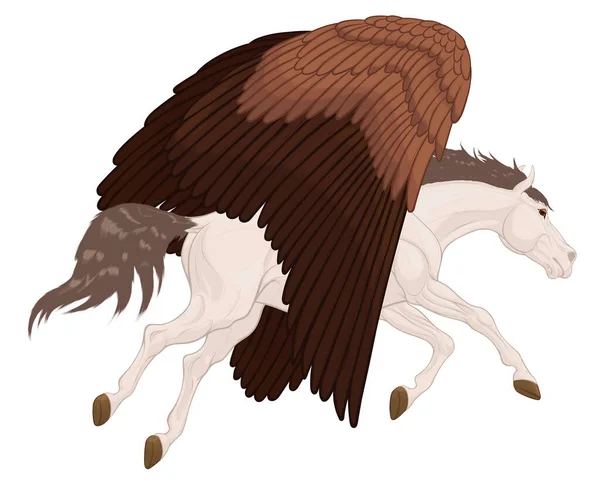 Bílý Pegasus Letí Hnědými Křídly Spuštěnými Dolů Mytologický Kůň Běží — Stockový vektor