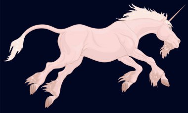 Uzun beyaz yeleli, dört nala koşan pembe tek boynuzlu at. Heraldik boynuzlu at başını eğerek koşar. Efsanelerdeki hayali yaratık..