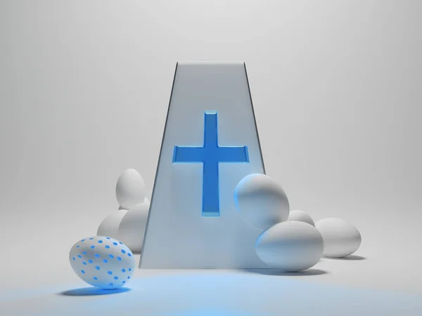 Stylish Neon Concept Easter Holiday Easter Luminous Blue Cross Composition — Stock Photo, Image