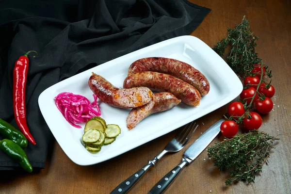 Appetizing Juicy Pork Minced Sausage Baked Smoker Cheddar White Plate — Stock Photo, Image