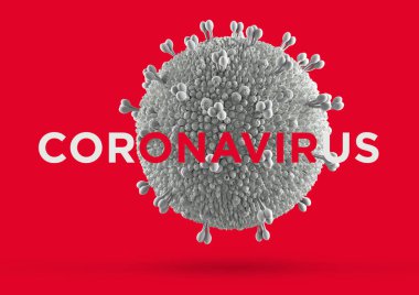 Kırmızı arkaplandaki koronavirüs molekülünün üç boyutlu görüntüsü ve termometresi var. Çin virüsü COVID-19 'un konsept posteri. Salgın