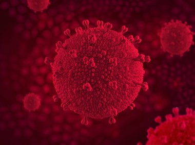 Kırmızı arka planda akciğer alveolüne benzeyen 3 boyutlu bir koronavirüs molekülü. Çin virüsü COVID-19 'un konsept posteri. Solunum yolu enfeksiyonları