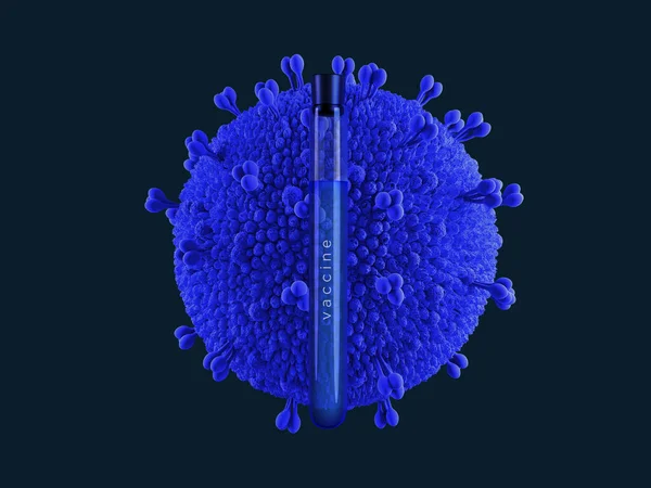 3d render of a coronavirus molecule from China and a vaccine flask against it. Poster to illustrate news with the new coronavirus from China. 2019-nCoV or COVID-19.