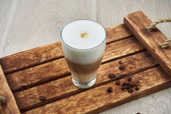 Freshly Prepared Latte Layers Milk Coffee Foam Transparent Glass Wooden — Stock Photo, Image