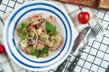 Beyaz kasede ceviz soslu domatesli, salatalıklı ve soğanlı Gürcü sebze salatası. İçinde malzemeler olan bir salata. Kapat..