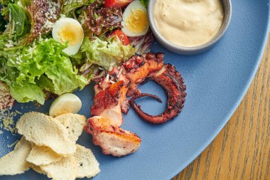 Ahtapot dokunaçlı iştah açıcı salata, bıldırcın yumurtası, marul, kızarmış ekmek ve ahşap arka planda mavi bir tabakta beyaz sos. Seçici odağı kapat