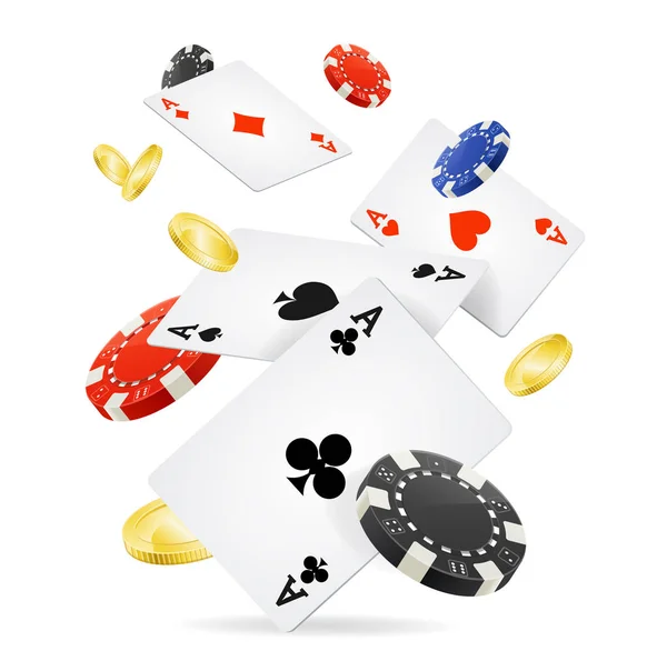 Giocare a carte e fiches di poker volare. Vettore — Vettoriale Stock