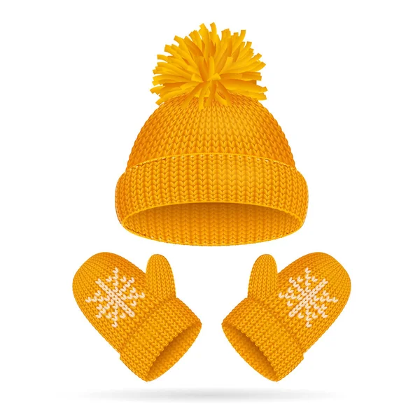 Topi dengan Pompom dan Mitten Set. Vektor - Stok Vektor