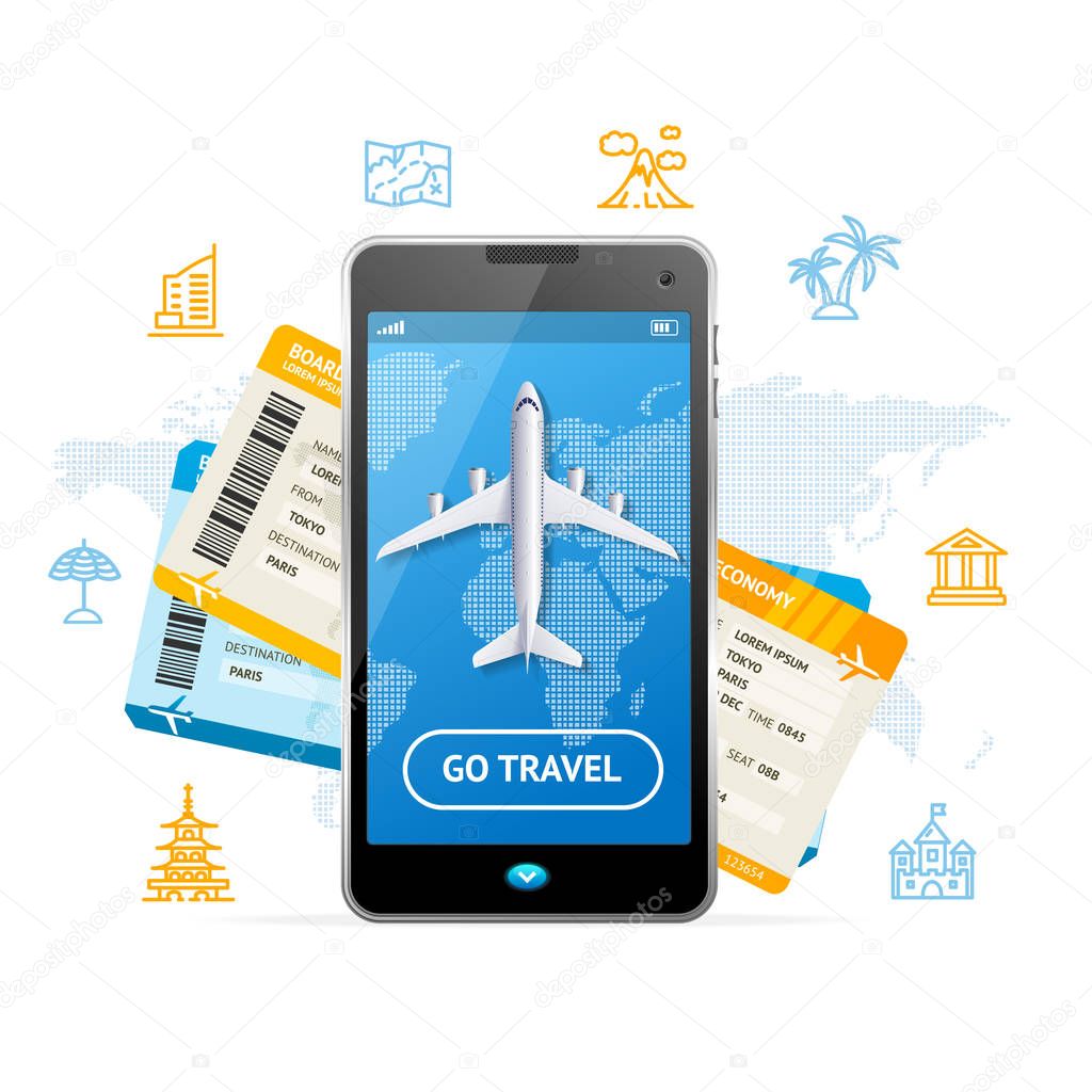 Go Travel Mobile Ticket Booking Concept. Vector