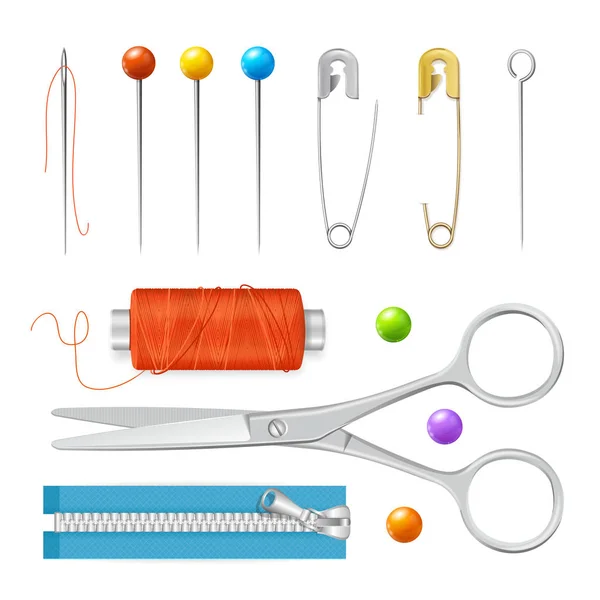 Реалистичный набор аксессуаров для швейных инструментов. Вектор — стоковый вектор