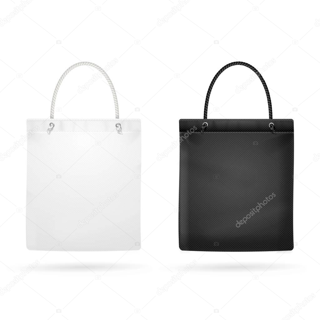 Realistic White and Black Template Blank Fabric Cloth Tote Bag. Vector