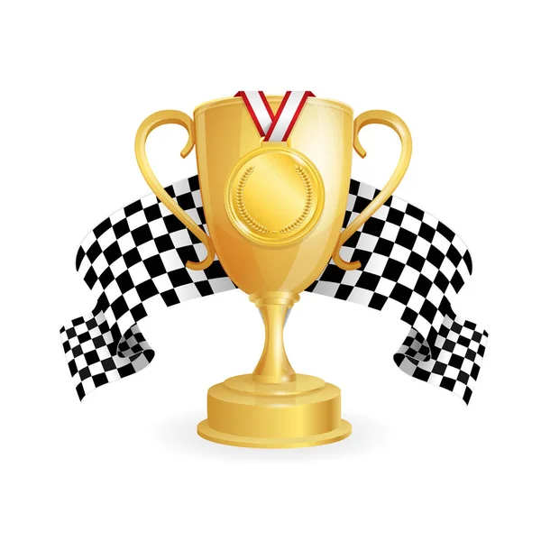 Gold Cup, Medaglia e Checkered Racing Flag Auto. Vettore — Vettoriale Stock