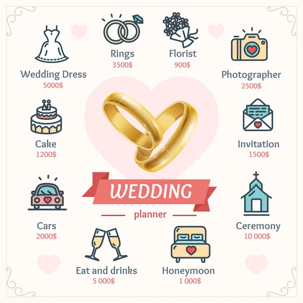 Wedding Planner koncepcja z błyszczące złote pierścienie. Wektor — Wektor stockowy