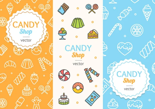 Sladkosti a pekárna Candy Banner leták vertikální Set. Vektor — Stockový vektor