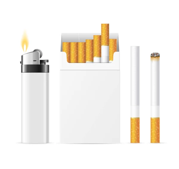 Realistic Template Blank White Cigarette Pack with Pocket Lighter. Vector — Stock Vector