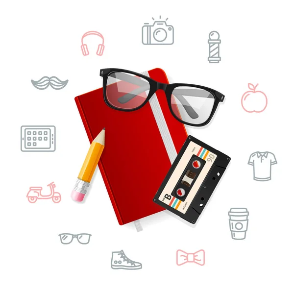 Notebook és szemüveg csípő stílus fogalmát. Vektor — Stock Vector