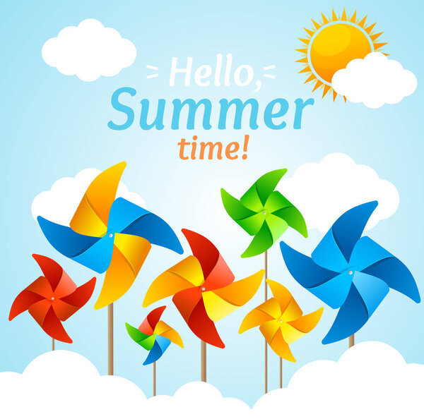 Wind Mill Hello Summer Concept Card. Vector