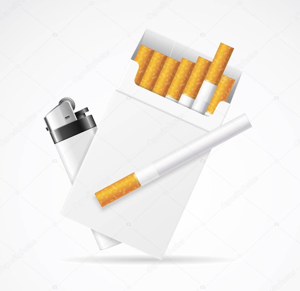 Realistic Template Blank White Cigarette Pack with Pocket Lighter. Vector