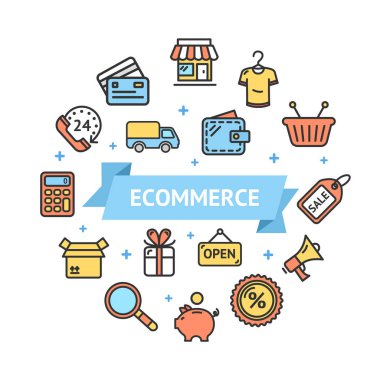 E-ticaret simgesi tasarım şablonu ince çizgi yuvarlak. Vektör