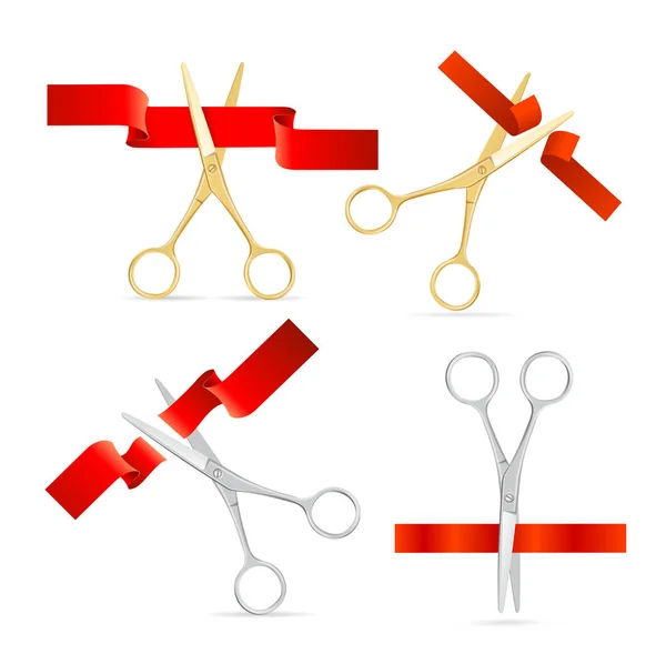 Realistische gouden en zilveren Scissor gesneden rode zijde Tape Set. Vector — Stockvector