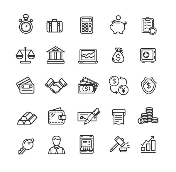 Banca y contabilidad icono conjunto de línea fina negra. Vector de — Archivo Imágenes Vectoriales