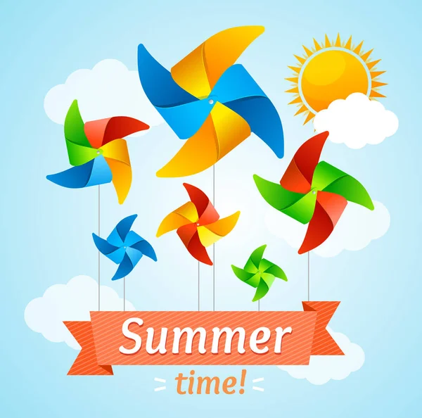 Molino de viento Hello Summer Concept Card. Vector — Vector de stock