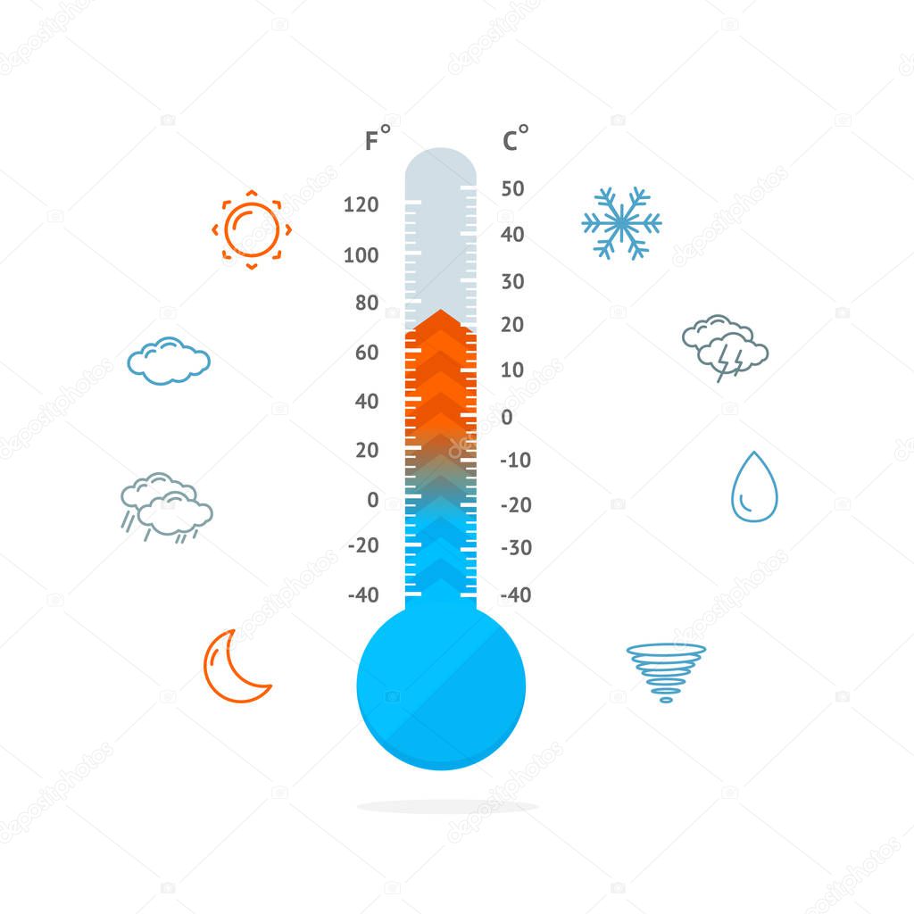 Meteorology Thermometer and Weather Icons. Vector