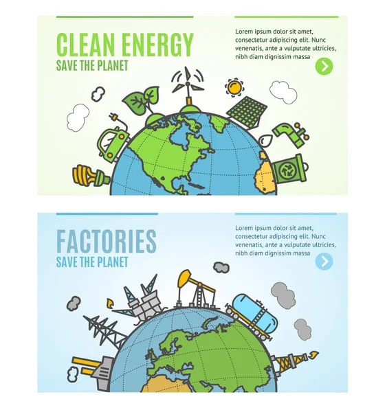 Ecología Flyer Clean Energy and Factories Banner Posters Card Set. Vector — Archivo Imágenes Vectoriales