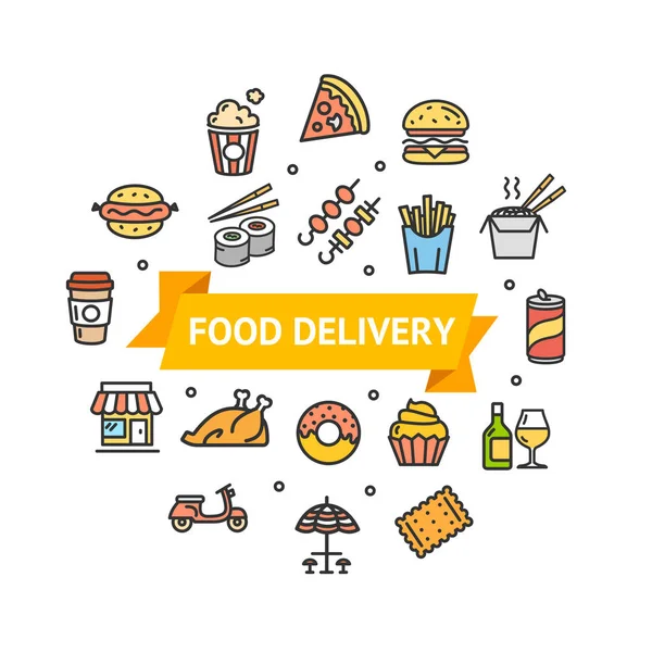 Fastfood eller Street Food runda designkoncept mall Line ikonen leverans. Vektor — Stock vektor