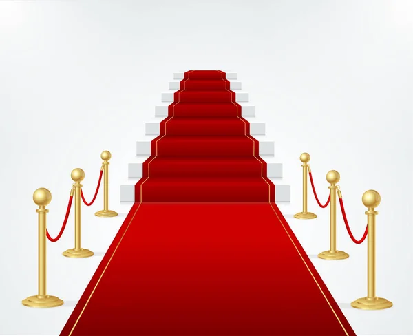 Alfombra de evento rojo, escalera y barrera de cuerda de oro. Vector — Archivo Imágenes Vectoriales