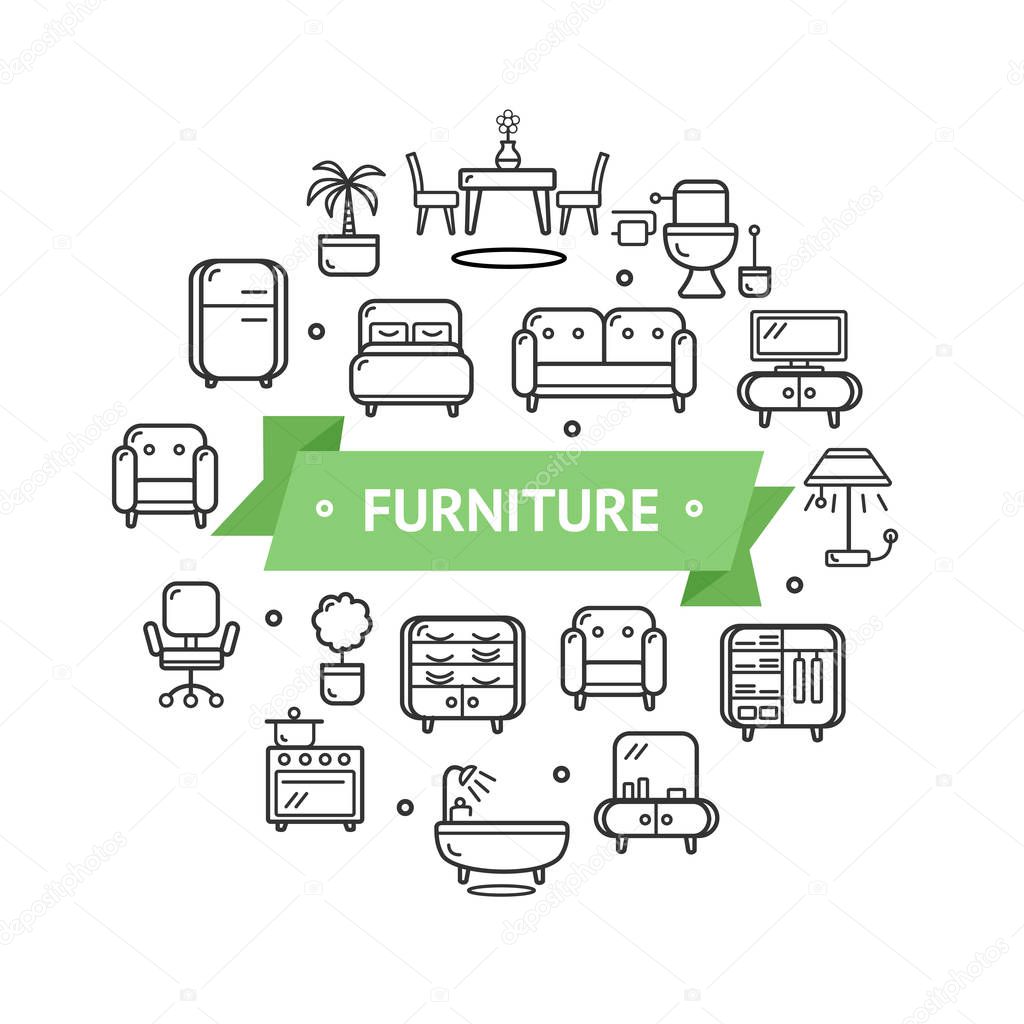 Furniture Round Design Template Thin Line Icon Concept. Vector