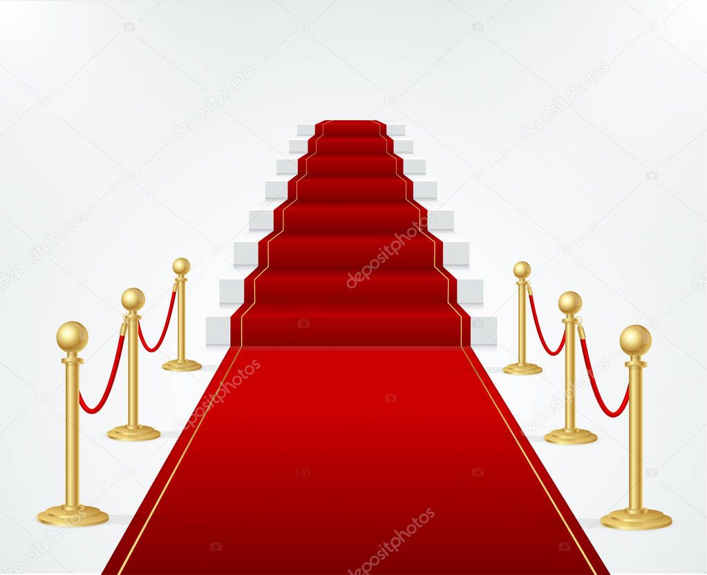 Red Event Carpet, Stair and Gold Rope Barrier. Vector
