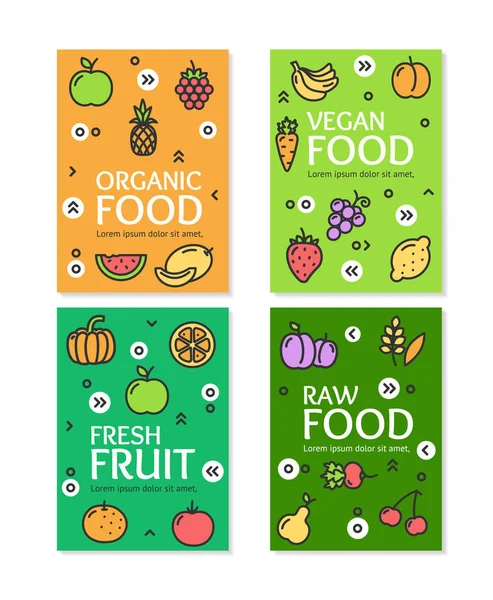 Frisches Obst rohe Bio-vegane Lebensmittel Flyer Banner-Poster-Karten-Set. Vektor — Stockvektor