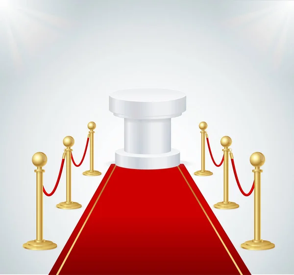 Alfombra de evento rojo, podio redondo y barrera de cuerda de oro. Vector — Archivo Imágenes Vectoriales