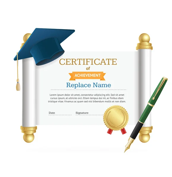 Diplômé Cap étudiant et certificat de liste. Vecteur — Image vectorielle