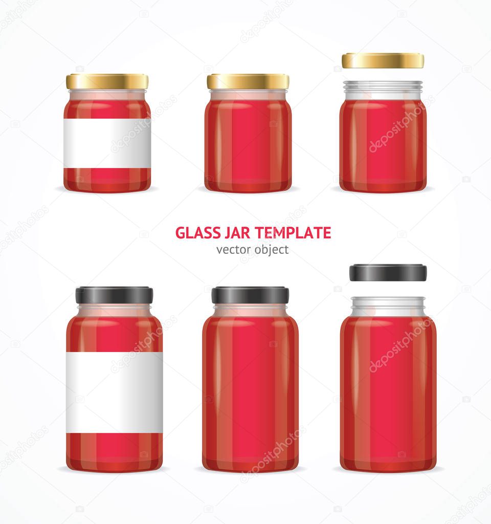 Realistic Glass Jar with Jam Template Set. Vector
