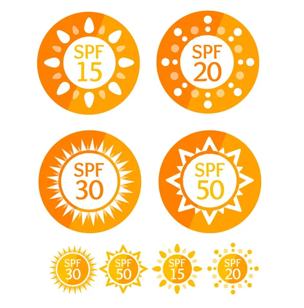 Crème solaire ronde orange étiquettes Spf Set. Vecteur — Image vectorielle