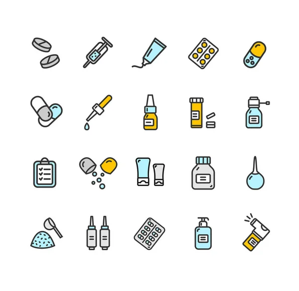 Pills Related Medical Color Thin Line Icon Set. Vector — Stock Vector
