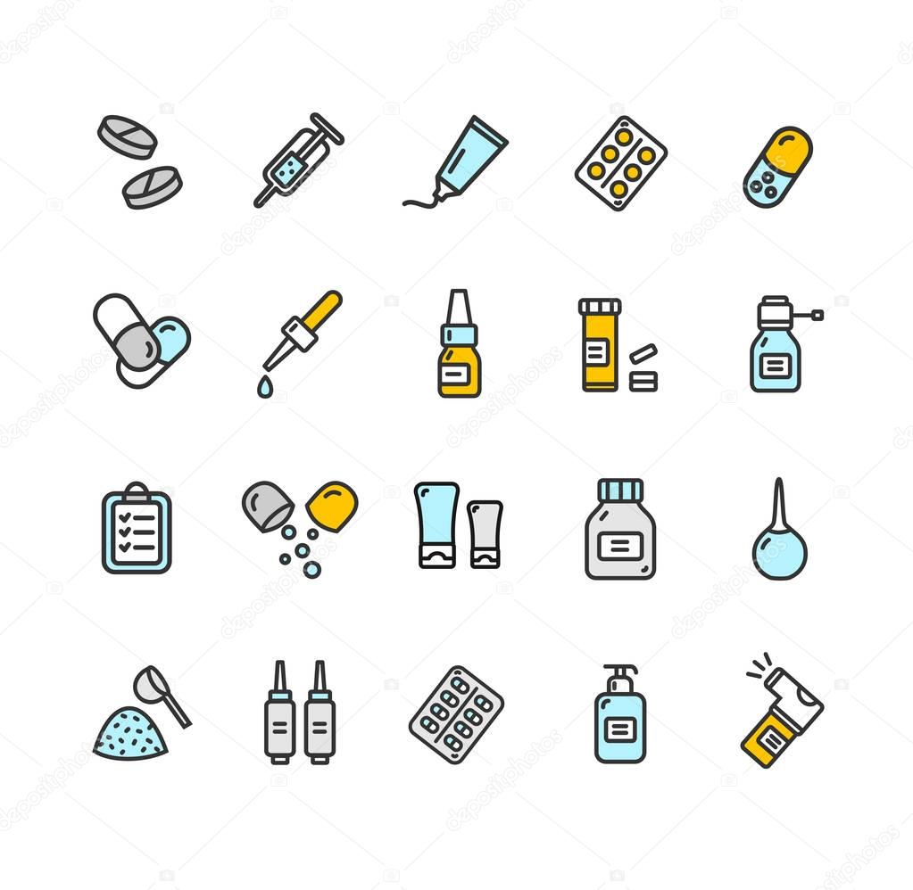 Pills Related Medical Color Thin Line Icon Set. Vector