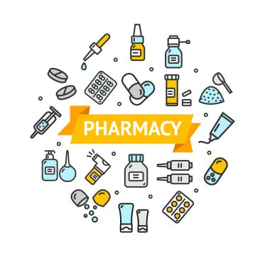 Hapları ile ilgili tıbbi renk tasarım şablonu satırı simgesi konsepti yuvarlak. Vektör